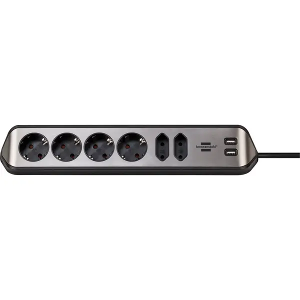Brennenstuhl Prelungitor pentru perete/colt Brennenstuhl Estilo, 6 prize, 2xUSB, 3.1 A, cablu H05VV-F 3G1.5, 2m, Argintiu/Negru