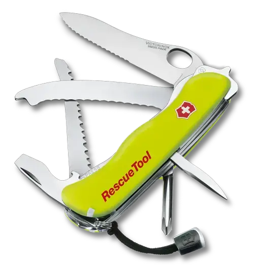Briceag multifunctional de salvare Victorinox RESCUE TOOL, 13 functii, Taietor de centura de siguranta, Ferastrau de parbriz, Spargator de geamuri (Galben)