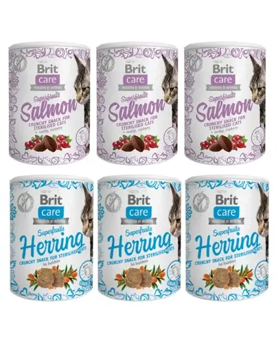 BRIT Care Cat Snack Superfruits 6x100 g hering si somon pentru pisici sterilizate, mix arome