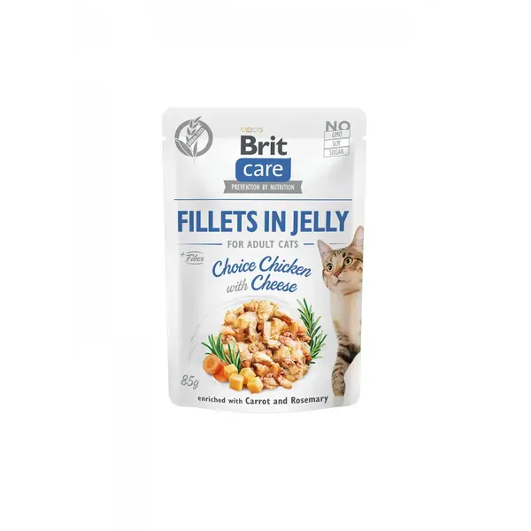 BRIT Care Fillets in Jelly Choice, Pui și Brânză, plic hrană umedă fără cereale pisici, (în aspic), 85g