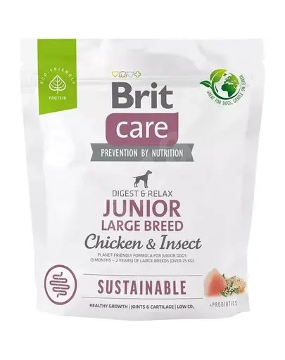 BRIT Care Sustainable Junior Large Breed 1 kg Hrana uscata catei de talie mare, cu pui si insecte