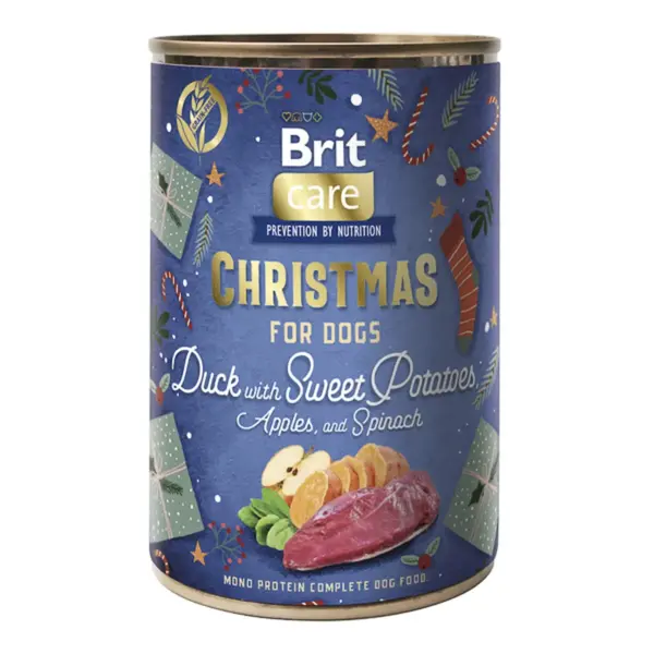 BRIT Christmas Monoprotein, XS-XL, Rață și Cartof Dulce, conservă hrană umedă monoproteică fără cereale câini, (pate), 400g