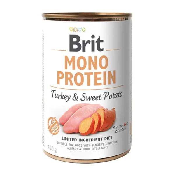 BRIT Mono Protein, Curcan cu Cartof dulce, conservă hrană umedă monoproteică fără cereale câini, (pate), 400g