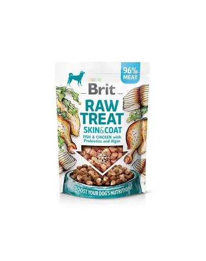 BRIT Recompensa caini Raw Treat Freeze Dried Skin Coat 40 g peste si pui liofilizat cu probiotice