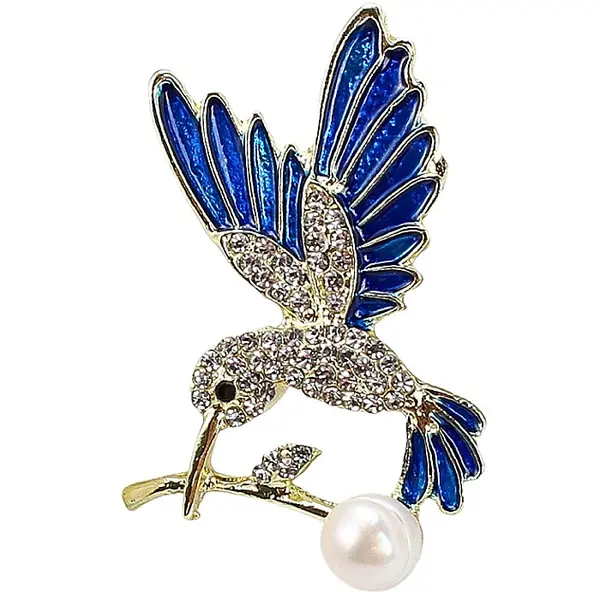 Brosa Blue Hummingbird cu Perla Naturala