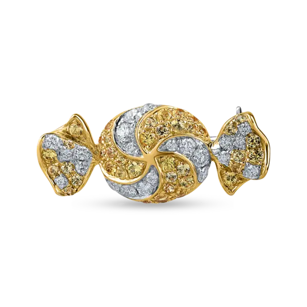 Brosa bomboana din aur alb-galben cu diamante de 0.3ct si safire galbene de 0.5ct