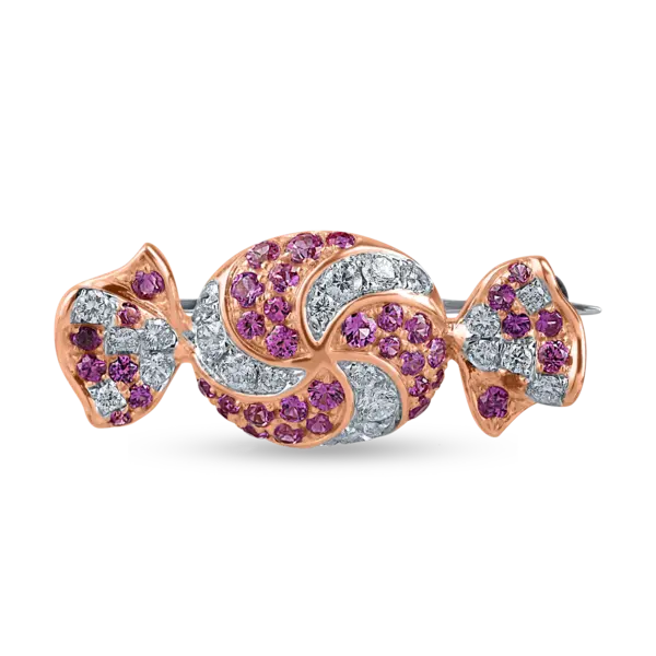 Brosa bomboana din aur alb-roz cu diamante de 0.3ct si safire roz de 0.5ct