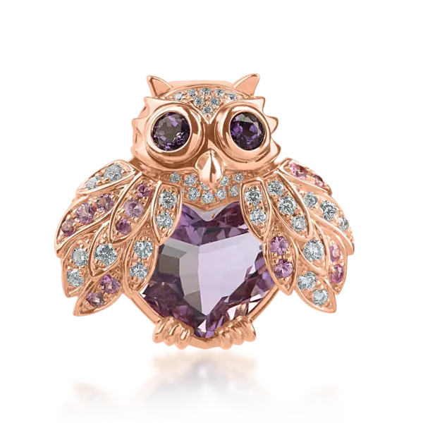Brosa bufnita din aur roz cu pietre pretioase si semipretioase de 5.35ct