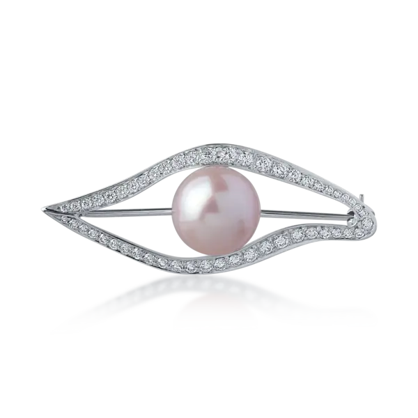 Brosa din aur alb cu perla de cultura de 1ct si diamante de 0.68ct