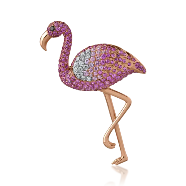 Brosa flamingo din aur alb-roz cu safire de 2.24ct si diamante de 0.11ct