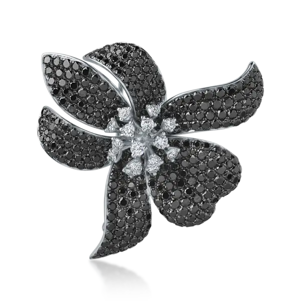 Brosa floare din aur alb cu diamante negre 8.27ct si diamante transparente de 0.89ct