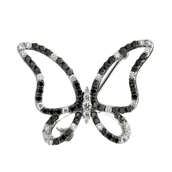 Brosa fluture din aur alb cu diamante negre de 1.18ct si diamante transparente de 0.58ct