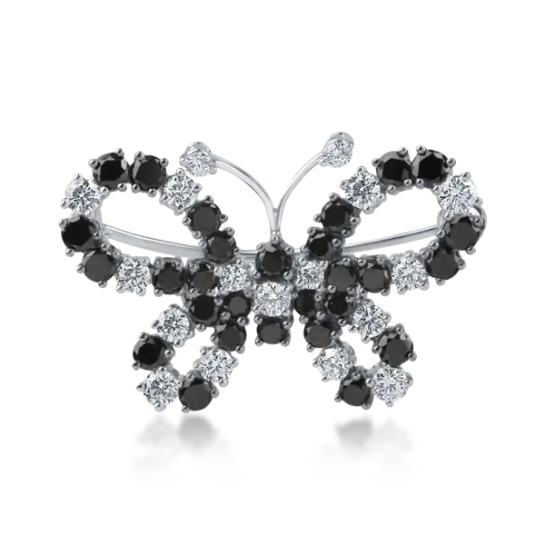 Brosa fluture din aur alb cu diamante negre de 1.3ct si diamante incolore de 0.7ct