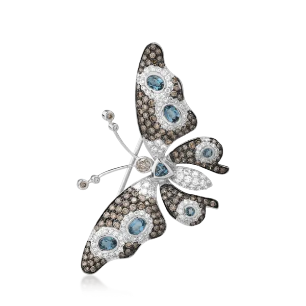 Brosa fluture din aur alb cu pietre pretioase si semipretioase de 3.38ct