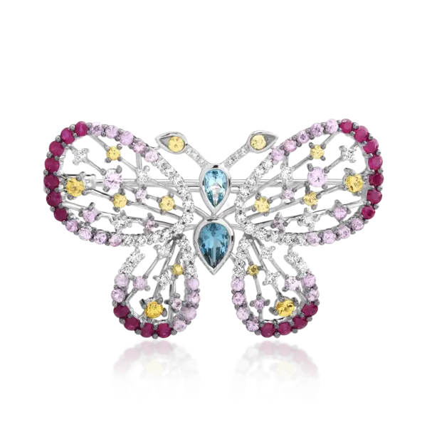 Brosa fluture din aur alb cu pietre pretioase si semipretioase de 4.59ct