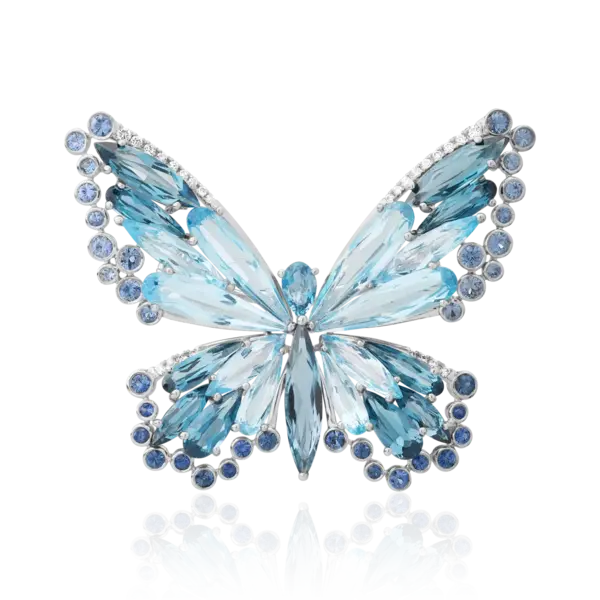 Brosa fluture din aur alb cu pietre pretioase si sempiretioase de 23.55ct