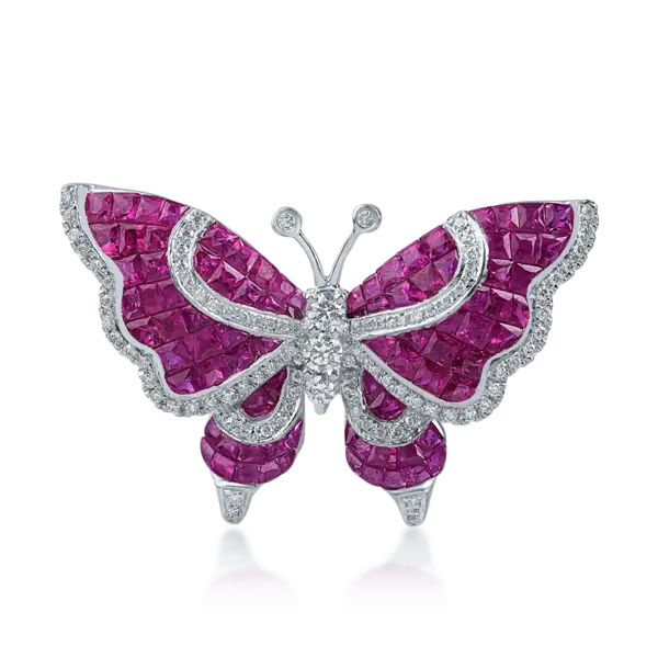 Brosa fluture din aur alb cu rubine de 3.35ct si diamante de 0.36ct