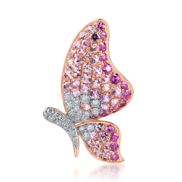 Brosa fluture din aur alb-roz cu safire roz si diamante de 1.49ct