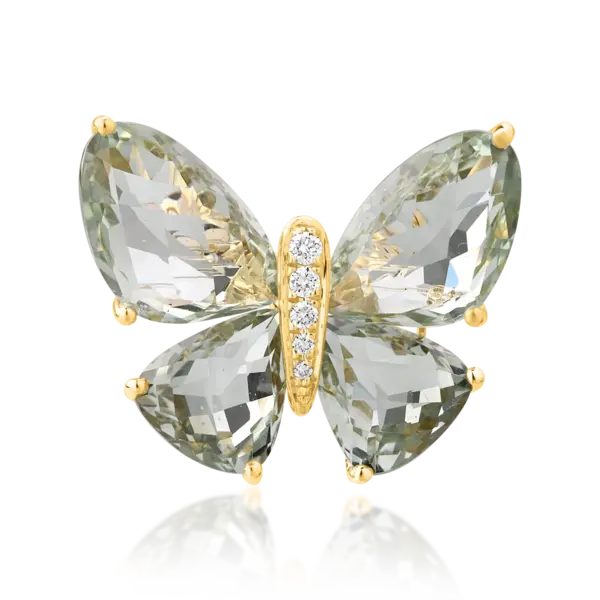 Brosa fluture din aur galben cu ametist verde de 12.2ct si diamante de 0.07ct