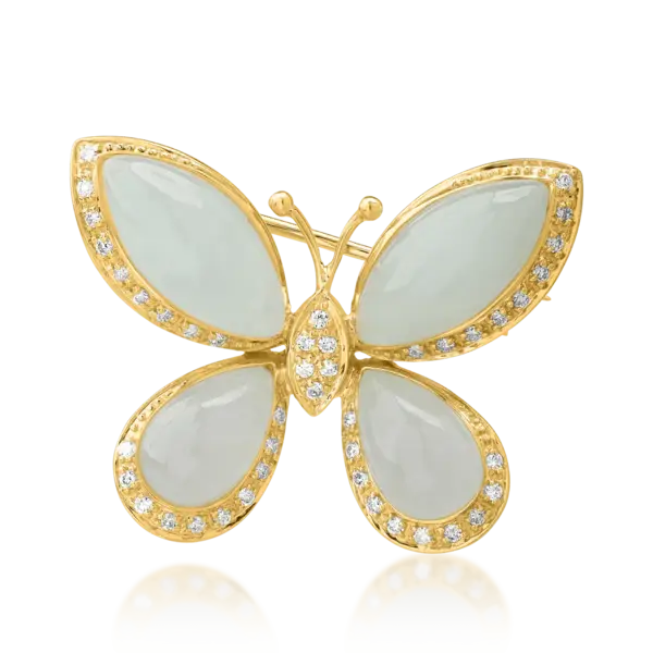 Brosa fluture din aur galben cu prehnite marquise si pear de 15.086ct si diamante de 0.299ct