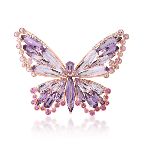 Brosa fluture din aur roz cu pietre pretioase si semipretioase de 15.85ct