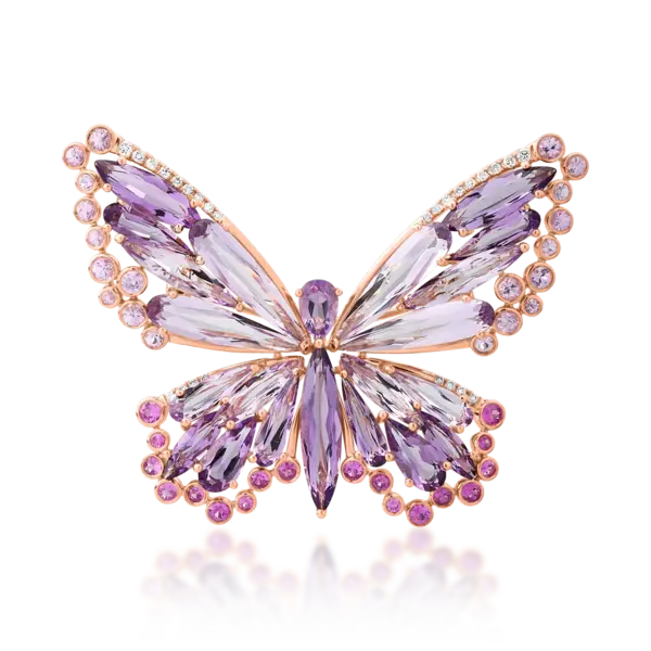 Brosa fluture din aur roz cu pietre pretioase si semipretioase de 18.45ct