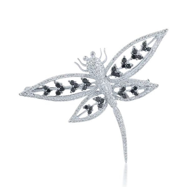 Brosa libelula din aur alb cu diamante transparente de 0.96ct si diamante negre de 0.7ct