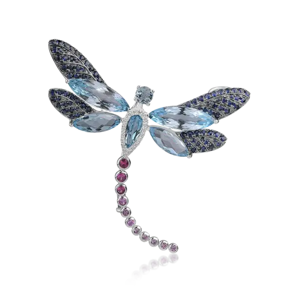 Brosa libelula din aur alb cu pietre pretioase si semipretioase de 16.73ct