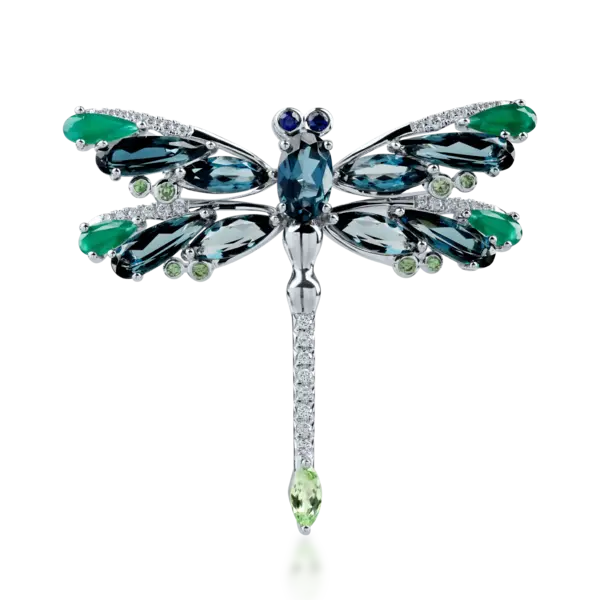 Brosa libelula din aur alb cu pietre pretioase si semipretioase de 8.33ct