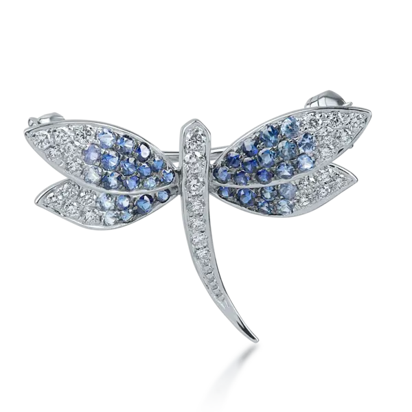 Brosa libelula din aur alb cu safire albastre de 0.51ct si diamante de 0.27ct