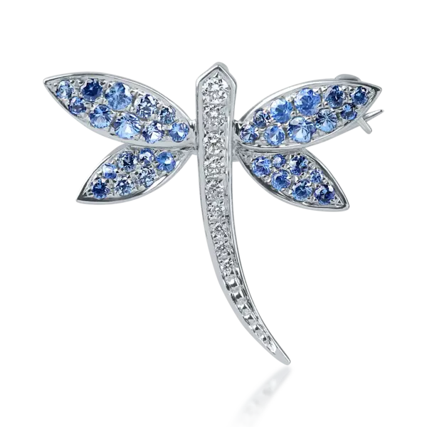 Brosa libelula din aur alb cu safire albastre de 0.64ct si diamante de 0.11ct