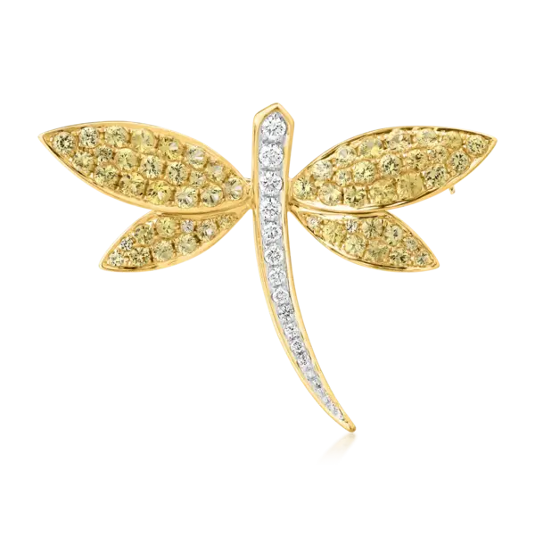 Brosa libelula din aur alb-galben cu safire galbene de 1.72ct si diamante de 0.2ct