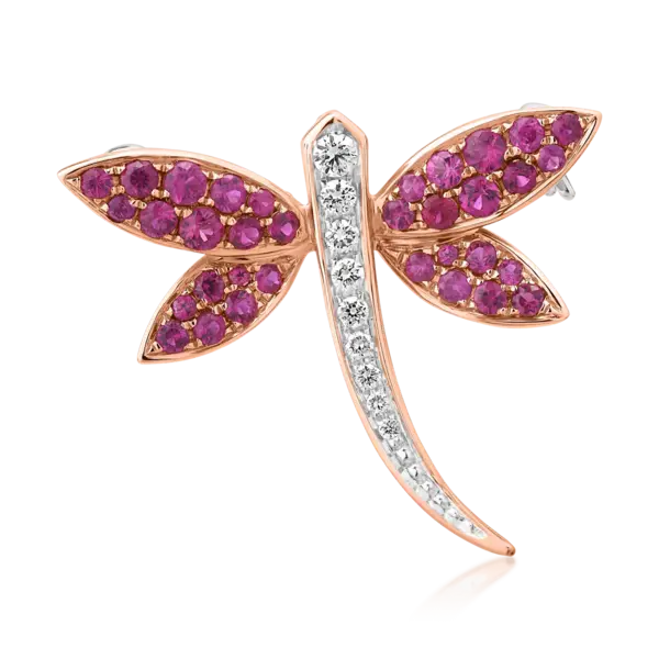 Brosa libelula din aur alb-roz cu rubin de 0.67ct si diamante de 0.11ct
