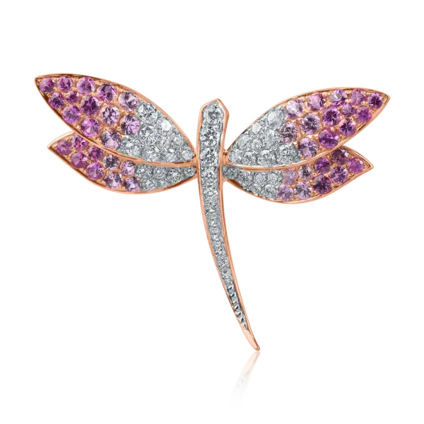 Brosa libelula din aur alb-roz cu safire roz de 1.7ct si diamante de 0.8ct