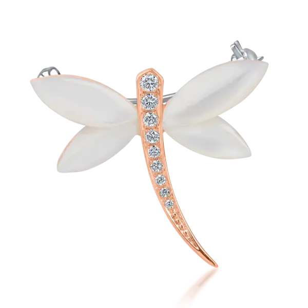 Brosa libelula din aur alb-roz cu sidef de 2.6ct si diamante de 0.11ct