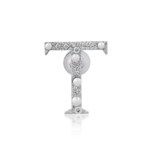 Brosa litera T din aur alb cu perle de cultura de 0.87ct si diamante de 0.36ct