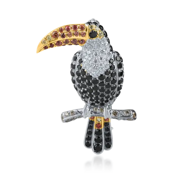 Brosa tucan din aur alb cu diamante de 1.44ct si safire de 0.27ct