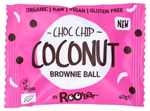 Brownie Ball Desert crud organic, cu bucăți de chipsuri de cocos, 40 g, Roobar