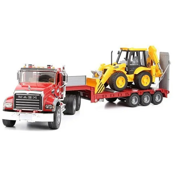 BRUDER Camion Mack cu platforma joasa si cu buldoexcavator JCB 4CX, Bruder 02813