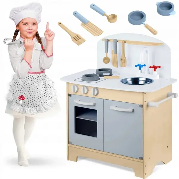 Bucatarie copii Ricokids, lemn, 5 accesorii, alb/gri KID613501, la doar 333,00 lei
