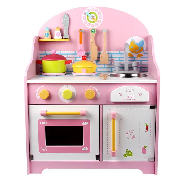 Bucatarie de jucarie din lemn cu frigider, cuptor si accesorii - model roz