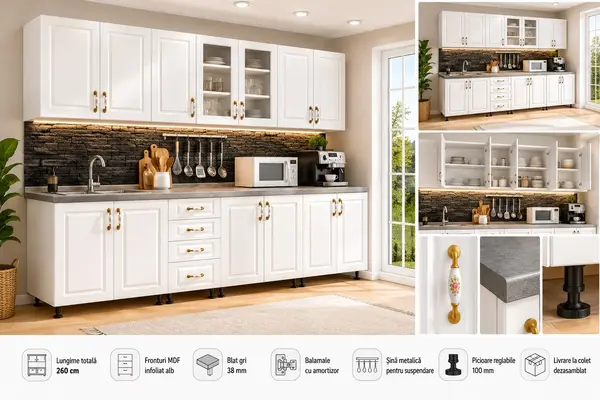 Bucatarie Modulara Alba 260 cm cu Fronturi MDF si Blat Gri