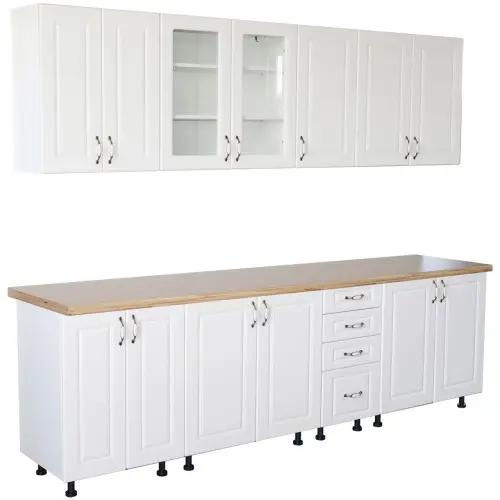 Bucatarie Zebra 260 cm din MDF Alb Lucios cu blat termoizolant imitatie artar