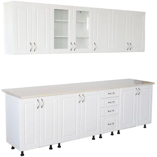 Bucatarie Zebra 260 cm din MDF Alb Lucios cu blat termoizolant imitatie Alb / Bej