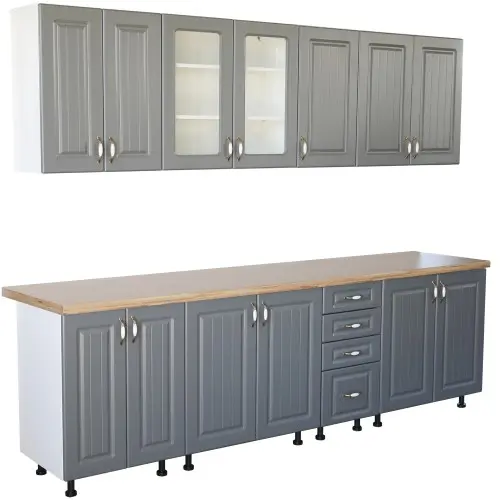 Bucatarie Zebra 260 cm din MDF Gri cu blat gros termoizolant culoare Artar