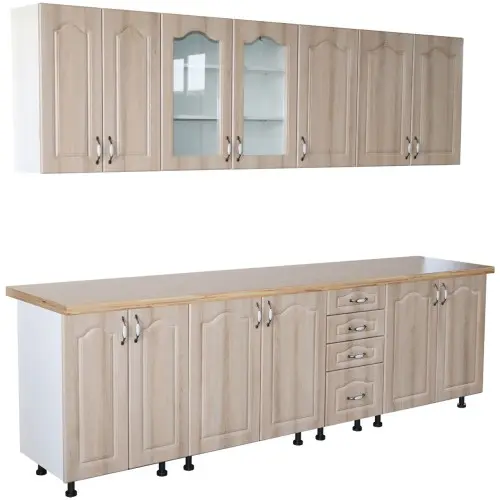 Bucatarie Zebra 260 cm din MDF Sonoma Mustata cu blat termoizolant artar