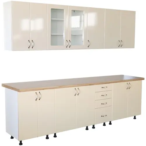 Bucatarie Zebra 260 cm din MDF Vanilie cu blat termoizolant artar