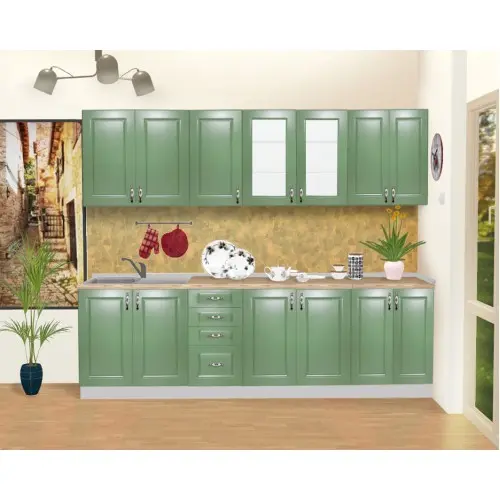 Bucatarie Zebra 260 cm din MDF Verde cu blat termoizolant imitatie artar