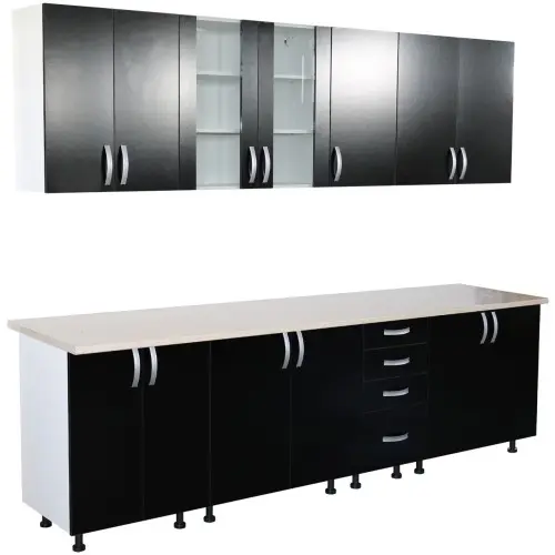 Bucatarie Zebra 260 cm din PAL Negru cu blat termoizolant alb/bej