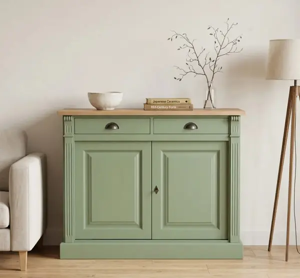 Bufet cu 2 usi, 2 sertare, BAS, Colectia Directoire cu finisaj Olive Drab / Walnut Waxed